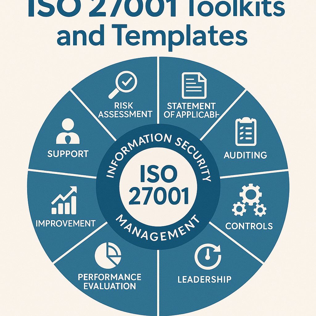 Image May 6, 2025, 11_42_17 PM Circular infographic titled ‘ISO 27001 Toolkits and Templates’ showing eight key components of ISO 27001: Risk Assessment, Statement of Applicability, Auditing, Controls, Leadership, Performance Evaluation, Improvement, and Support — all surrounding a central hub labeled Information Security Management.